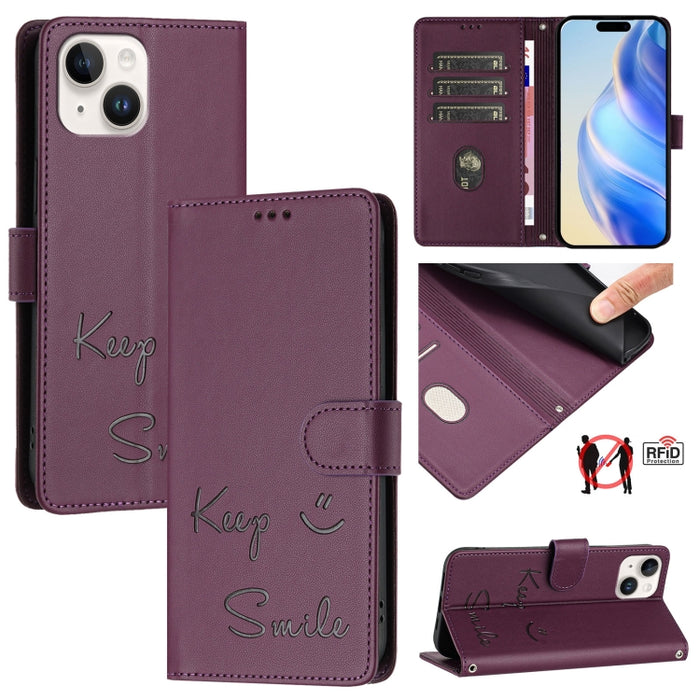 Funda de cuero para teléfono con RFID y estampado de sonrisas, For iPhone 14 Pro Max, For iPhone SE 2022 / 2020 / 8 / 7, For iPhone 13 Pro Max, For iPhone 13 Pro, For iPhone 13 mini, For iPhone 12 / 12 Pro, For iPhone 12 Pro Max, For iPhone 12 mini    ...