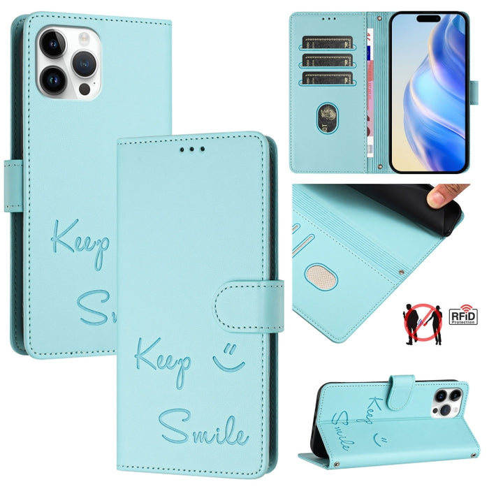 Funda de cuero para teléfono con RFID y estampado de sonrisas, For iPhone 14 Pro Max, For iPhone SE 2022 / 2020 / 8 / 7, For iPhone 13 Pro Max, For iPhone 13 Pro, For iPhone 13 mini, For iPhone 12 / 12 Pro, For iPhone 12 Pro Max, For iPhone 12 mini    ...