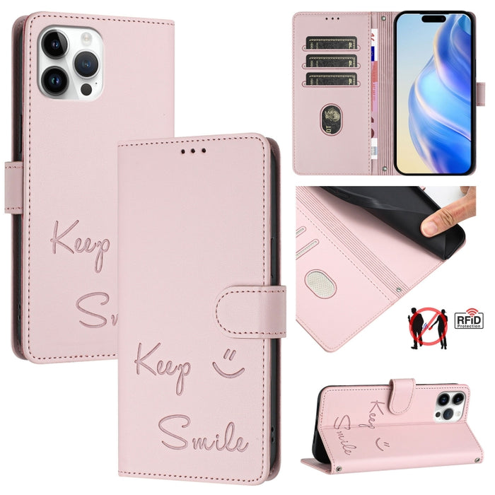 Funda de cuero para teléfono con RFID y estampado de sonrisas, For iPhone 14 Pro Max, For iPhone SE 2022 / 2020 / 8 / 7, For iPhone 13 Pro Max, For iPhone 13 Pro, For iPhone 13 mini, For iPhone 12 / 12 Pro, For iPhone 12 Pro Max, For iPhone 12 mini    ...
