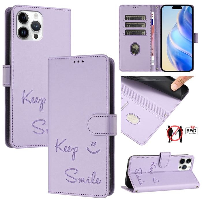 Funda de cuero para teléfono con RFID y estampado de sonrisas, For iPhone 14 Pro Max, For iPhone SE 2022 / 2020 / 8 / 7, For iPhone 13 Pro Max, For iPhone 13 Pro, For iPhone 13 mini, For iPhone 12 / 12 Pro, For iPhone 12 Pro Max, For iPhone 12 mini    ...