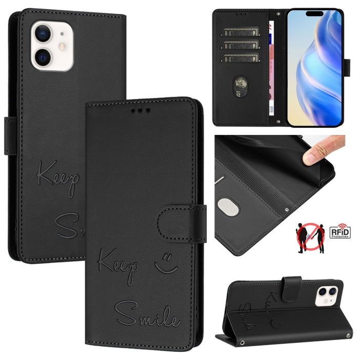 Funda de cuero para teléfono con RFID y estampado de sonrisas, For iPhone 14 Pro Max, For iPhone SE 2022 / 2020 / 8 / 7, For iPhone 13 Pro Max, For iPhone 13 Pro, For iPhone 13 mini, For iPhone 12 / 12 Pro, For iPhone 12 Pro Max, For iPhone 12 mini    ...