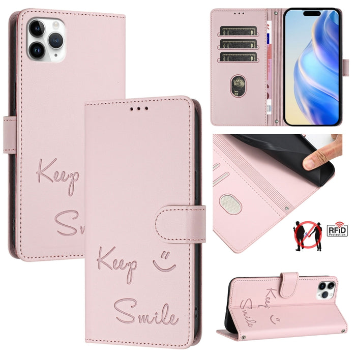 Funda de cuero para teléfono con RFID y estampado de sonrisas, For iPhone 14 Pro Max, For iPhone SE 2022 / 2020 / 8 / 7, For iPhone 13 Pro Max, For iPhone 13 Pro, For iPhone 13 mini, For iPhone 12 / 12 Pro, For iPhone 12 Pro Max, For iPhone 12 mini    ...
