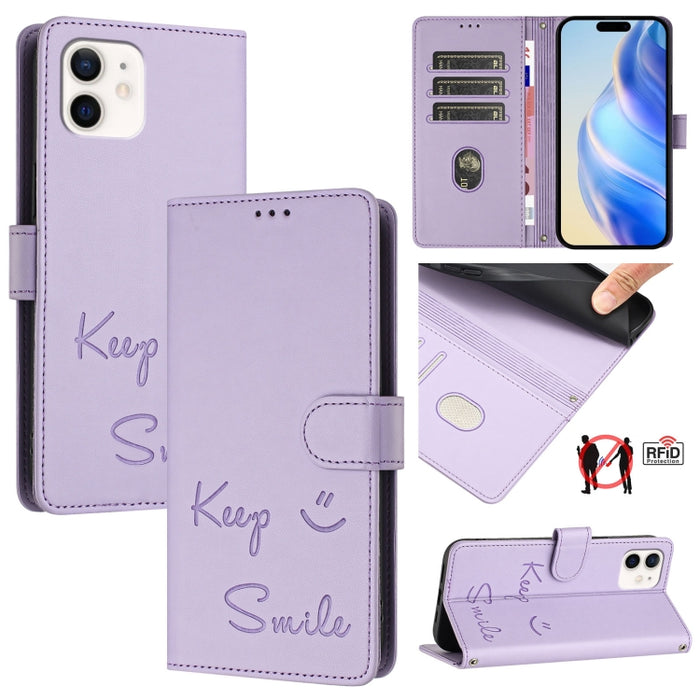 Funda de cuero para teléfono con RFID y estampado de sonrisas, For iPhone 14 Pro Max, For iPhone SE 2022 / 2020 / 8 / 7, For iPhone 13 Pro Max, For iPhone 13 Pro, For iPhone 13 mini, For iPhone 12 / 12 Pro, For iPhone 12 Pro Max, For iPhone 12 mini    ...
