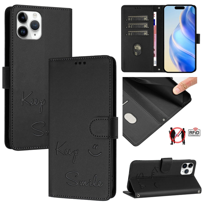 Funda de cuero para teléfono con RFID y estampado de sonrisas, For iPhone 14 Pro Max, For iPhone SE 2022 / 2020 / 8 / 7, For iPhone 13 Pro Max, For iPhone 13 Pro, For iPhone 13 mini, For iPhone 12 / 12 Pro, For iPhone 12 Pro Max, For iPhone 12 mini    ...