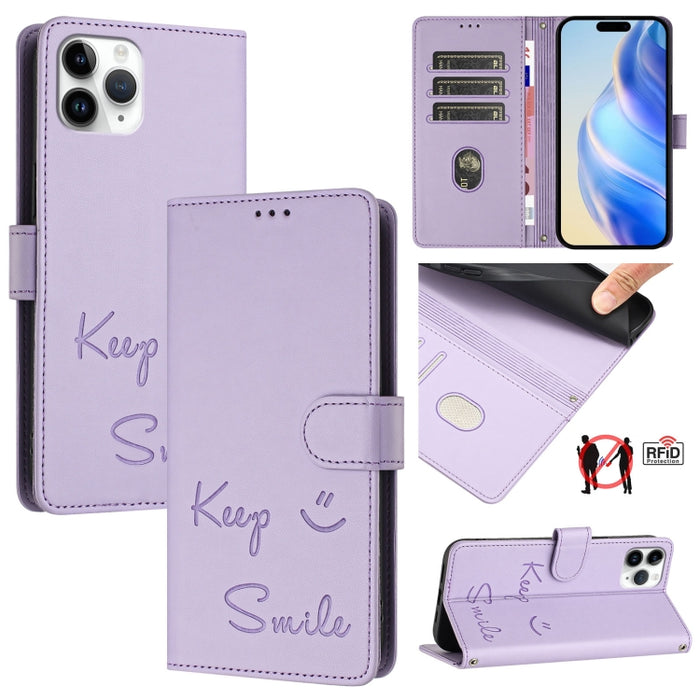 Funda de cuero para teléfono con RFID y estampado de sonrisas, For iPhone 14 Pro Max, For iPhone SE 2022 / 2020 / 8 / 7, For iPhone 13 Pro Max, For iPhone 13 Pro, For iPhone 13 mini, For iPhone 12 / 12 Pro, For iPhone 12 Pro Max, For iPhone 12 mini    ...