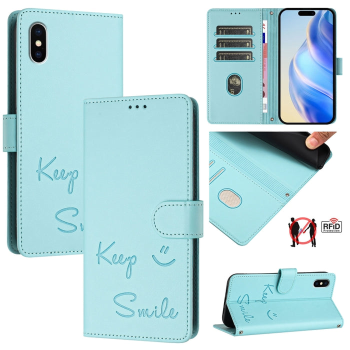 Funda de cuero para teléfono con RFID y estampado de sonrisas, For iPhone 14 Pro Max, For iPhone SE 2022 / 2020 / 8 / 7, For iPhone 13 Pro Max, For iPhone 13 Pro, For iPhone 13 mini, For iPhone 12 / 12 Pro, For iPhone 12 Pro Max, For iPhone 12 mini    ...