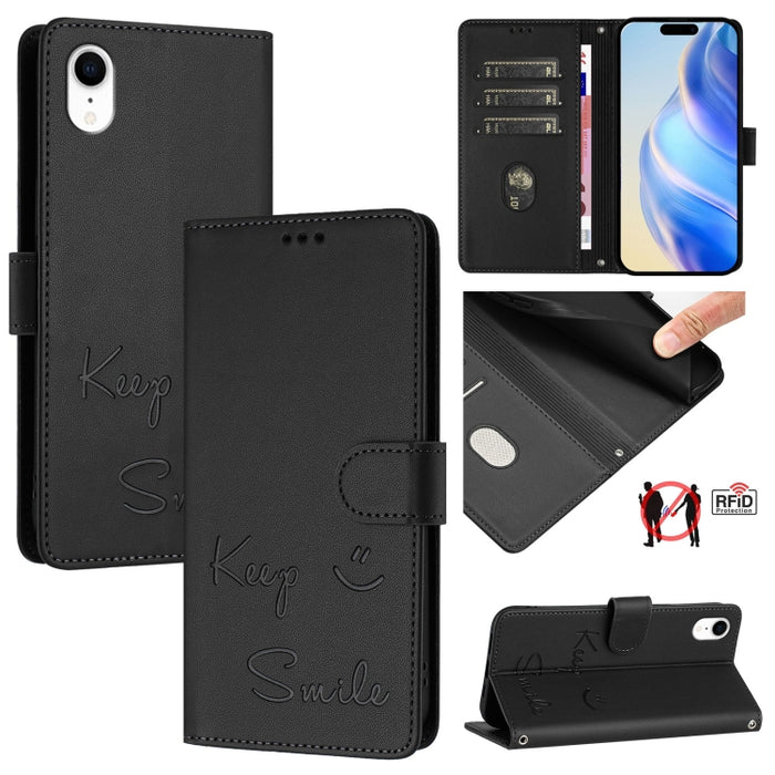 Funda de cuero para teléfono con RFID y estampado de sonrisas, For iPhone 14 Pro Max, For iPhone SE 2022 / 2020 / 8 / 7, For iPhone 13 Pro Max, For iPhone 13 Pro, For iPhone 13 mini, For iPhone 12 / 12 Pro, For iPhone 12 Pro Max, For iPhone 12 mini    ...