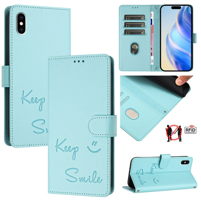 Funda de cuero para teléfono con RFID y estampado de sonrisas, For iPhone 14 Pro Max, For iPhone SE 2022 / 2020 / 8 / 7, For iPhone 13 Pro Max, For iPhone 13 Pro, For iPhone 13 mini, For iPhone 12 / 12 Pro, For iPhone 12 Pro Max, For iPhone 12 mini    ...