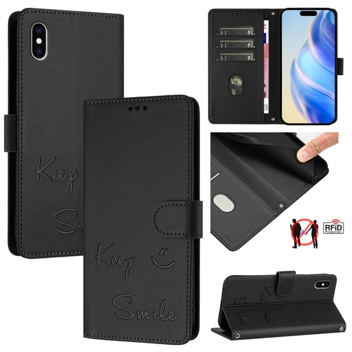 Funda de cuero para teléfono con RFID y estampado de sonrisas, For iPhone 14 Pro Max, For iPhone SE 2022 / 2020 / 8 / 7, For iPhone 13 Pro Max, For iPhone 13 Pro, For iPhone 13 mini, For iPhone 12 / 12 Pro, For iPhone 12 Pro Max, For iPhone 12 mini    ...