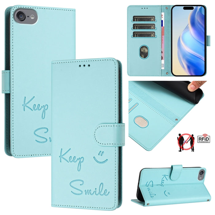 Funda de cuero para teléfono con RFID y estampado de sonrisas, For iPhone 14 Pro Max, For iPhone SE 2022 / 2020 / 8 / 7, For iPhone 13 Pro Max, For iPhone 13 Pro, For iPhone 13 mini, For iPhone 12 / 12 Pro, For iPhone 12 Pro Max, For iPhone 12 mini    ...