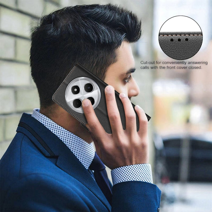 Funda de cuero antirrobo para teléfono con textura de lichi y RFID, For Redmi 14C 4G