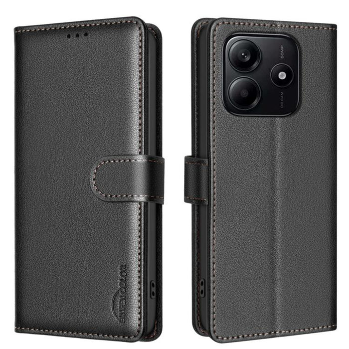 Funda de cuero antirrobo para teléfono con textura de lichi y RFID, For Redmi 14C 4G