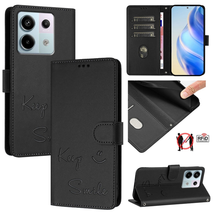 Funda de cuero para teléfono con RFID y estampado de sonrisas, For Xiaomi 14 Ultra, For Xiaomi 14 Pro, For Xiaomi 14, For Xiaomi Poco M6 Pro 5G, For Xiaomi 13T / 13T Pro, For Xiaomi Poco X4 GT, For Xiaomi Poco F5, For Xiaomi Poco F5 Pro                ...