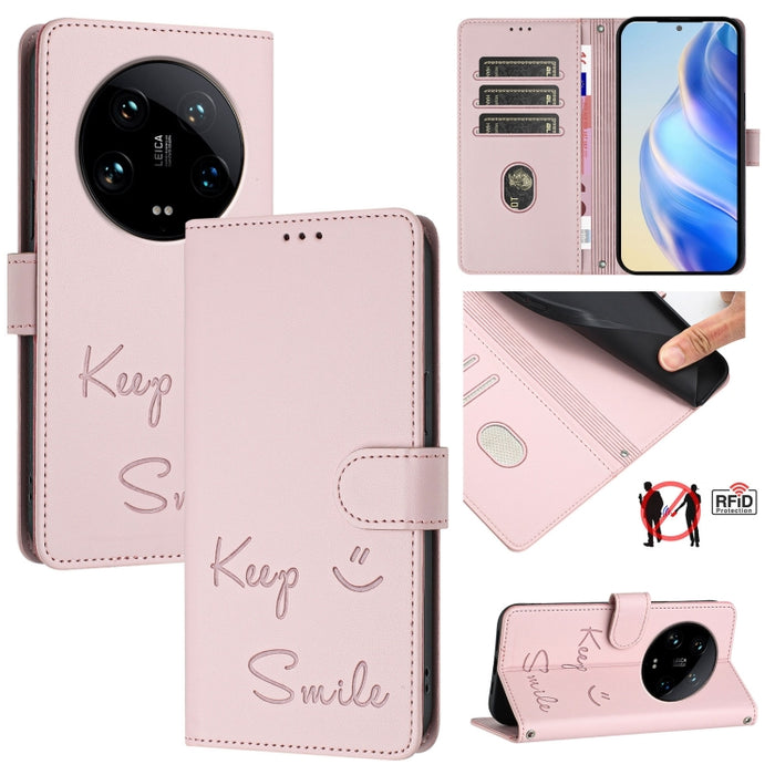 Funda de cuero para teléfono con RFID y estampado de sonrisas, For Xiaomi 14 Ultra, For Xiaomi 14 Pro, For Xiaomi 14, For Xiaomi Poco M6 Pro 5G, For Xiaomi 13T / 13T Pro, For Xiaomi Poco X4 GT, For Xiaomi Poco F5, For Xiaomi Poco F5 Pro                ...