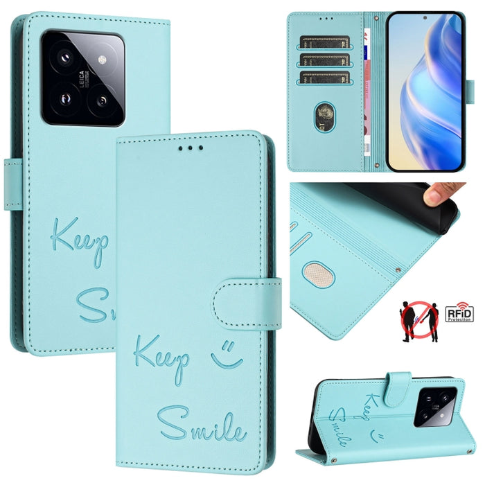Funda de cuero para teléfono con RFID y estampado de sonrisas, For Xiaomi 14 Ultra, For Xiaomi 14 Pro, For Xiaomi 14, For Xiaomi Poco M6 Pro 5G, For Xiaomi 13T / 13T Pro, For Xiaomi Poco X4 GT, For Xiaomi Poco F5, For Xiaomi Poco F5 Pro                ...