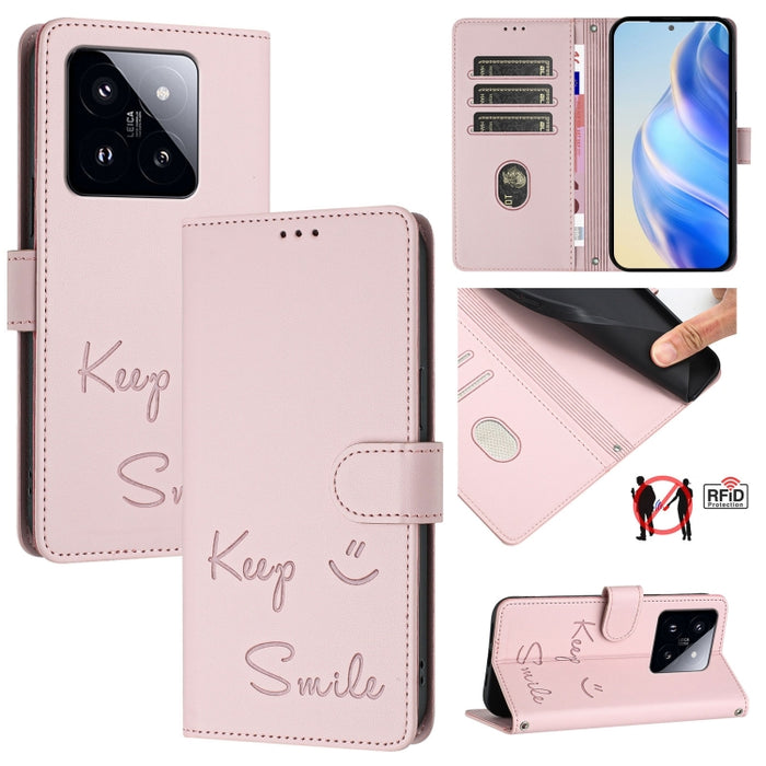 Funda de cuero para teléfono con RFID y estampado de sonrisas, For Xiaomi 14 Ultra, For Xiaomi 14 Pro, For Xiaomi 14, For Xiaomi Poco M6 Pro 5G, For Xiaomi 13T / 13T Pro, For Xiaomi Poco X4 GT, For Xiaomi Poco F5, For Xiaomi Poco F5 Pro                ...