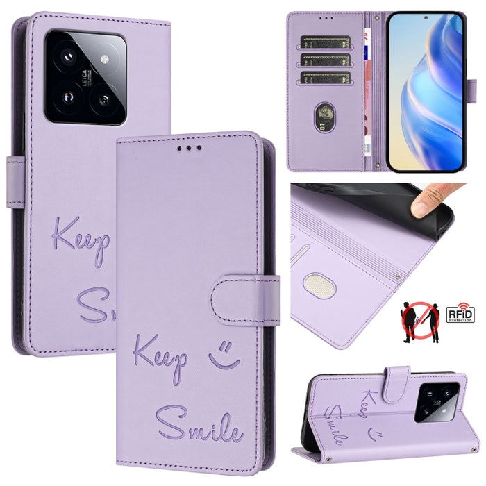 Funda de cuero para teléfono con RFID y estampado de sonrisas, For Xiaomi 14 Ultra, For Xiaomi 14 Pro, For Xiaomi 14, For Xiaomi Poco M6 Pro 5G, For Xiaomi 13T / 13T Pro, For Xiaomi Poco X4 GT, For Xiaomi Poco F5, For Xiaomi Poco F5 Pro                ...