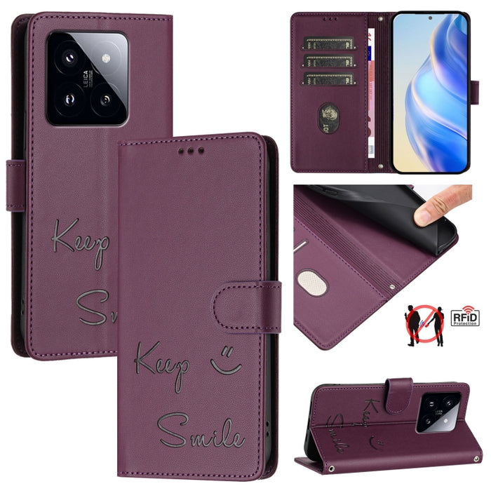 Funda de cuero para teléfono con RFID y estampado de sonrisas, For Xiaomi 14 Ultra, For Xiaomi 14 Pro, For Xiaomi 14, For Xiaomi Poco M6 Pro 5G, For Xiaomi 13T / 13T Pro, For Xiaomi Poco X4 GT, For Xiaomi Poco F5, For Xiaomi Poco F5 Pro                ...