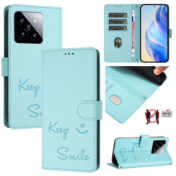 Funda de cuero para teléfono con RFID y estampado de sonrisas, For Xiaomi 14 Ultra, For Xiaomi 14 Pro, For Xiaomi 14, For Xiaomi Poco M6 Pro 5G, For Xiaomi 13T / 13T Pro, For Xiaomi Poco X4 GT, For Xiaomi Poco F5, For Xiaomi Poco F5 Pro                ...