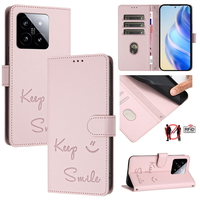 Funda de cuero para teléfono con RFID y estampado de sonrisas, For Xiaomi 14 Ultra, For Xiaomi 14 Pro, For Xiaomi 14, For Xiaomi Poco M6 Pro 5G, For Xiaomi 13T / 13T Pro, For Xiaomi Poco X4 GT, For Xiaomi Poco F5, For Xiaomi Poco F5 Pro                ...