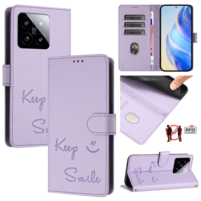 Funda de cuero para teléfono con RFID y estampado de sonrisas, For Xiaomi 14 Ultra, For Xiaomi 14 Pro, For Xiaomi 14, For Xiaomi Poco M6 Pro 5G, For Xiaomi 13T / 13T Pro, For Xiaomi Poco X4 GT, For Xiaomi Poco F5, For Xiaomi Poco F5 Pro                ...