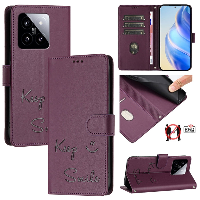 Funda de cuero para teléfono con RFID y estampado de sonrisas, For Xiaomi 14 Ultra, For Xiaomi 14 Pro, For Xiaomi 14, For Xiaomi Poco M6 Pro 5G, For Xiaomi 13T / 13T Pro, For Xiaomi Poco X4 GT, For Xiaomi Poco F5, For Xiaomi Poco F5 Pro                ...