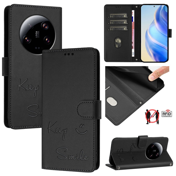 Funda de cuero para teléfono con RFID y estampado de sonrisas, For Xiaomi 14 Ultra, For Xiaomi 14 Pro, For Xiaomi 14, For Xiaomi Poco M6 Pro 5G, For Xiaomi 13T / 13T Pro, For Xiaomi Poco X4 GT, For Xiaomi Poco F5, For Xiaomi Poco F5 Pro                ...