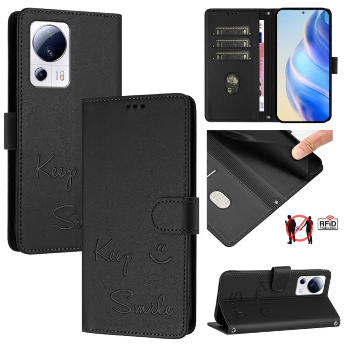 Funda de cuero para teléfono con RFID y estampado de sonrisas, For Xiaomi 14 Ultra, For Xiaomi 14 Pro, For Xiaomi 14, For Xiaomi Poco M6 Pro 5G, For Xiaomi 13T / 13T Pro, For Xiaomi Poco X4 GT, For Xiaomi Poco F5, For Xiaomi Poco F5 Pro                ...