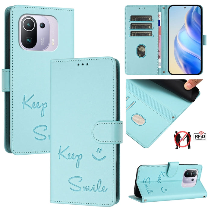 Funda de cuero para teléfono con RFID y estampado de sonrisas, For Xiaomi Mi 11i / 11X / 11X Pro, For Xiaomi Poco F3, For Xiaomi Poco X3 / X3 NFC / X3 Pro, For Xiaomi Mi 11 Ultra, For Xiaomi Mi 11 Pro, For Xiaomi Mi 11