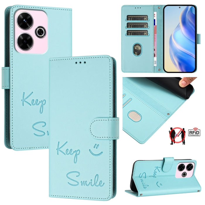 Funda de cuero para teléfono con RFID y estampado de sonrisas, For Redmi A3 4G Global, For Redmi Note 13 Pro 4G Global, For Redmi Note 13 4G Global, For Redmi Note 13 Pro 5G Global, For Redmi Note 13 5G Global, For Redmi 13C 4G                         ...
