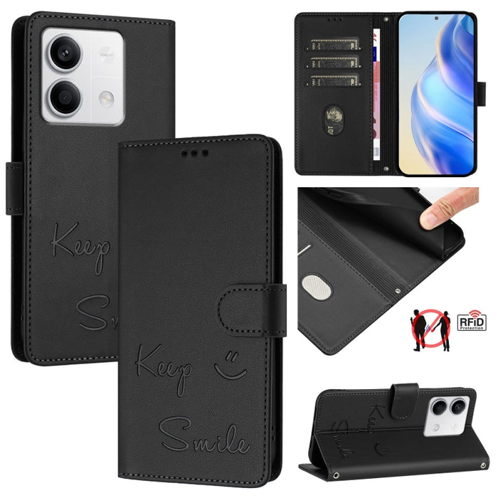 Funda de cuero para teléfono con RFID y estampado de sonrisas, For Redmi A3 4G Global, For Redmi Note 13 Pro 4G Global, For Redmi Note 13 4G Global, For Redmi Note 13 Pro 5G Global, For Redmi Note 13 5G Global, For Redmi 13C 4G                         ...