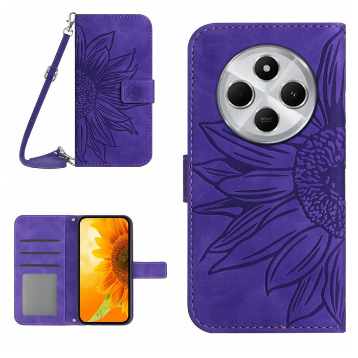 Funda de cuero con tapa para teléfono con diseño de girasol en relieve y cordón, For Redmi Note 14 4G 163.25mm, For Redmi Note 14 5G, For Redmi Note 14 Pro+ 5G, For Redmi 14C 4G