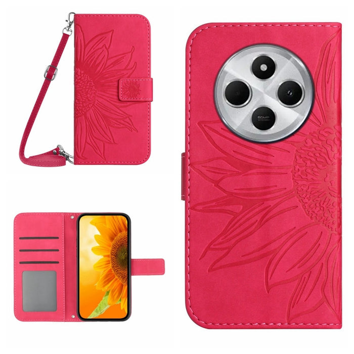 Funda de cuero con tapa para teléfono con diseño de girasol en relieve y cordón, For Redmi Note 14 4G 163.25mm, For Redmi Note 14 5G, For Redmi Note 14 Pro+ 5G, For Redmi 14C 4G