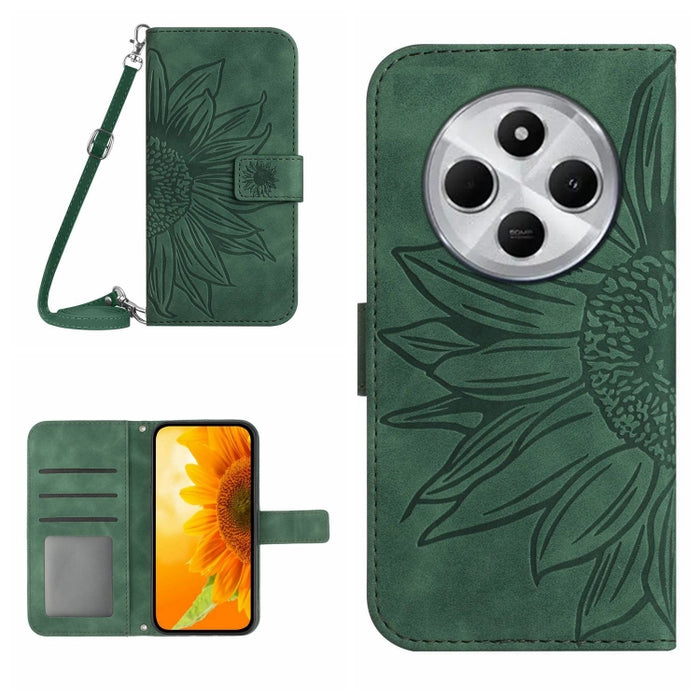 Funda de cuero con tapa para teléfono con diseño de girasol en relieve y cordón, For Redmi Note 14 4G 163.25mm, For Redmi Note 14 5G, For Redmi Note 14 Pro+ 5G, For Redmi 14C 4G