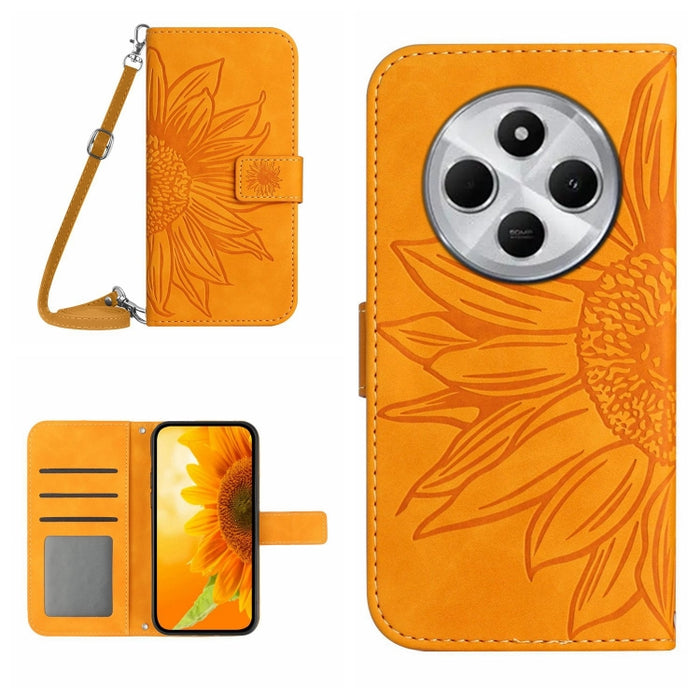 Funda de cuero con tapa para teléfono con diseño de girasol en relieve y cordón, For Redmi Note 14 4G 163.25mm, For Redmi Note 14 5G, For Redmi Note 14 Pro+ 5G, For Redmi 14C 4G