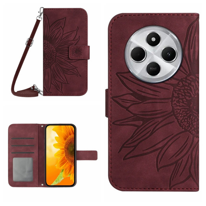 Funda de cuero con tapa para teléfono con diseño de girasol en relieve y cordón, For Redmi Note 14 4G 163.25mm, For Redmi Note 14 5G, For Redmi Note 14 Pro+ 5G, For Redmi 14C 4G
