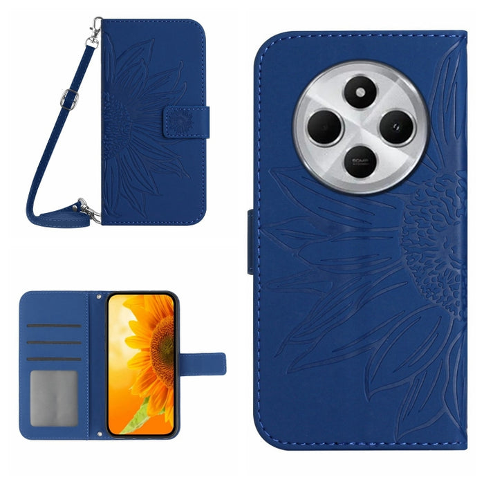 Funda de cuero con tapa para teléfono con diseño de girasol en relieve y cordón, For Redmi Note 14 4G 163.25mm, For Redmi Note 14 5G, For Redmi Note 14 Pro+ 5G, For Redmi 14C 4G