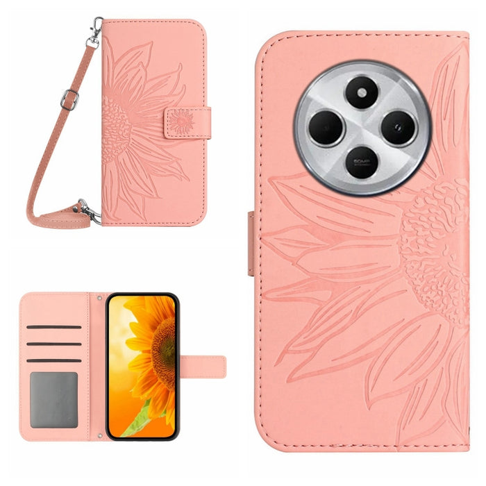 Funda de cuero con tapa para teléfono con diseño de girasol en relieve y cordón, For Redmi Note 14 4G 163.25mm, For Redmi Note 14 5G, For Redmi Note 14 Pro+ 5G, For Redmi 14C 4G