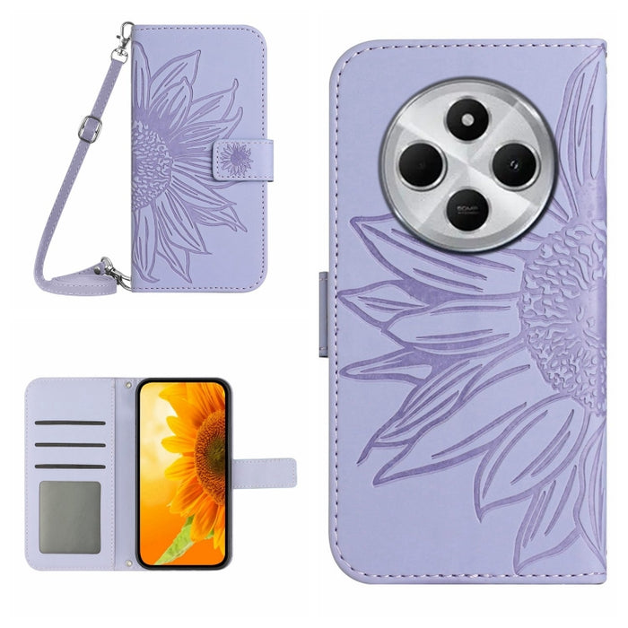 Funda de cuero con tapa para teléfono con diseño de girasol en relieve y cordón, For Redmi Note 14 4G 163.25mm, For Redmi Note 14 5G, For Redmi Note 14 Pro+ 5G, For Redmi 14C 4G