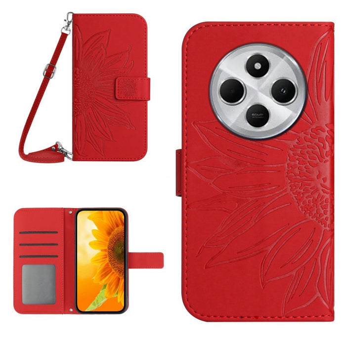 Funda de cuero con tapa para teléfono con diseño de girasol en relieve y cordón, For Redmi Note 14 4G 163.25mm, For Redmi Note 14 5G, For Redmi Note 14 Pro+ 5G, For Redmi 14C 4G