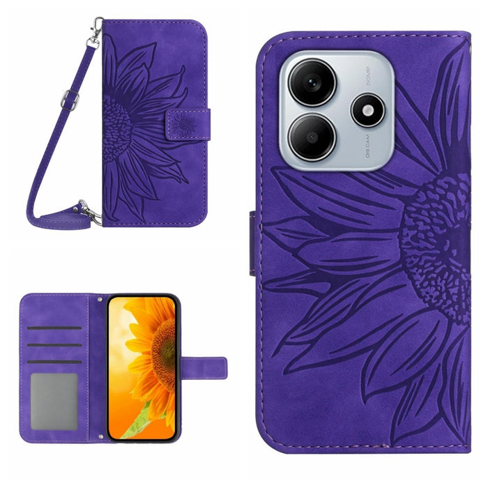 Funda de cuero con tapa para teléfono con diseño de girasol en relieve y cordón, For Redmi Note 14 4G 163.25mm, For Redmi Note 14 5G, For Redmi Note 14 Pro+ 5G, For Redmi 14C 4G