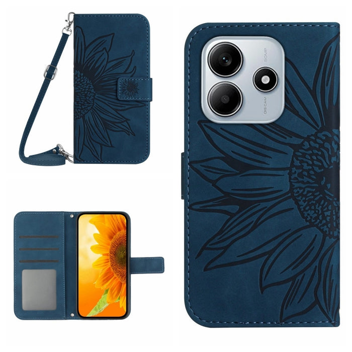 Funda de cuero con tapa para teléfono con diseño de girasol en relieve y cordón, For Redmi Note 14 4G 163.25mm, For Redmi Note 14 5G, For Redmi Note 14 Pro+ 5G, For Redmi 14C 4G