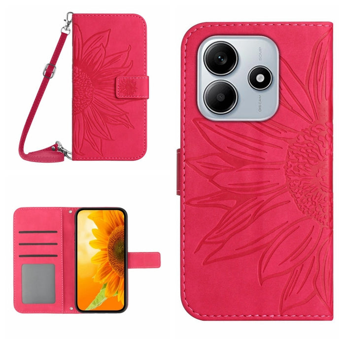 Funda de cuero con tapa para teléfono con diseño de girasol en relieve y cordón, For Redmi Note 14 4G 163.25mm, For Redmi Note 14 5G, For Redmi Note 14 Pro+ 5G, For Redmi 14C 4G