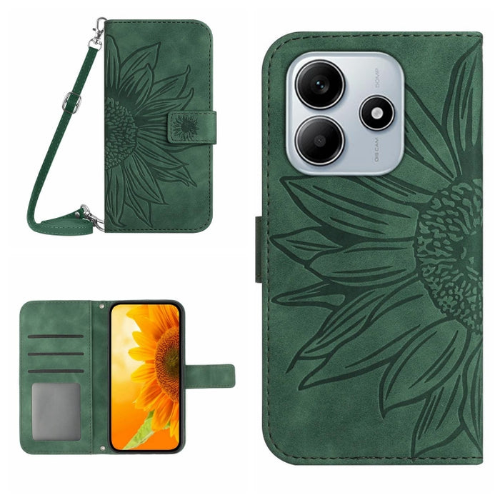 Funda de cuero con tapa para teléfono con diseño de girasol en relieve y cordón, For Redmi Note 14 4G 163.25mm, For Redmi Note 14 5G, For Redmi Note 14 Pro+ 5G, For Redmi 14C 4G