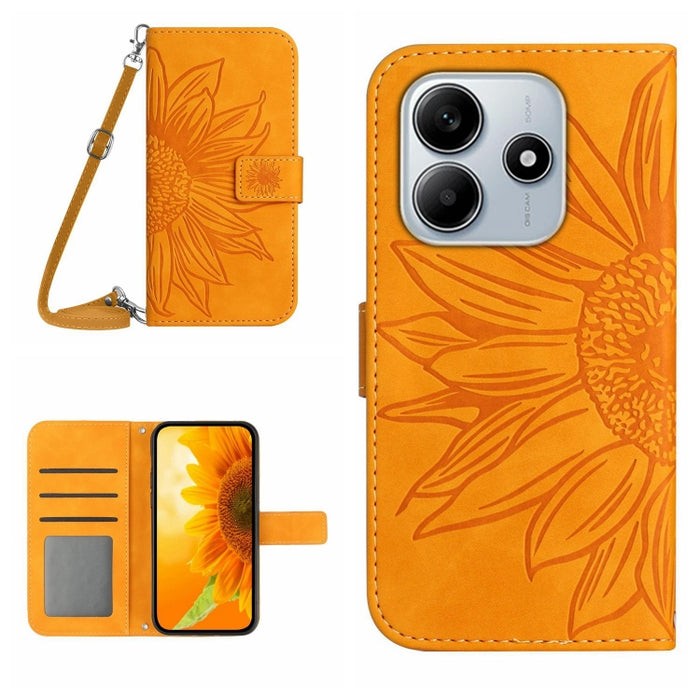 Funda de cuero con tapa para teléfono con diseño de girasol en relieve y cordón, For Redmi Note 14 4G 163.25mm, For Redmi Note 14 5G, For Redmi Note 14 Pro+ 5G, For Redmi 14C 4G