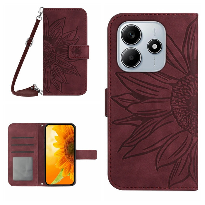 Funda de cuero con tapa para teléfono con diseño de girasol en relieve y cordón, For Redmi Note 14 4G 163.25mm, For Redmi Note 14 5G, For Redmi Note 14 Pro+ 5G, For Redmi 14C 4G