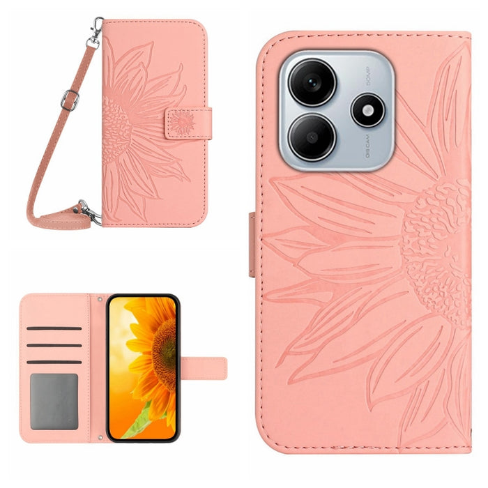 Funda de cuero con tapa para teléfono con diseño de girasol en relieve y cordón, For Redmi Note 14 4G 163.25mm, For Redmi Note 14 5G, For Redmi Note 14 Pro+ 5G, For Redmi 14C 4G