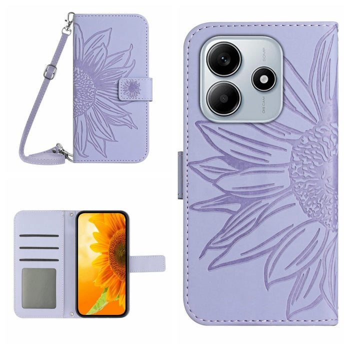 Funda de cuero con tapa para teléfono con diseño de girasol en relieve y cordón, For Redmi Note 14 4G 163.25mm, For Redmi Note 14 5G, For Redmi Note 14 Pro+ 5G, For Redmi 14C 4G