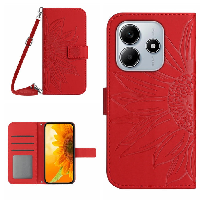 Funda de cuero con tapa para teléfono con diseño de girasol en relieve y cordón, For Redmi Note 14 4G 163.25mm, For Redmi Note 14 5G, For Redmi Note 14 Pro+ 5G, For Redmi 14C 4G