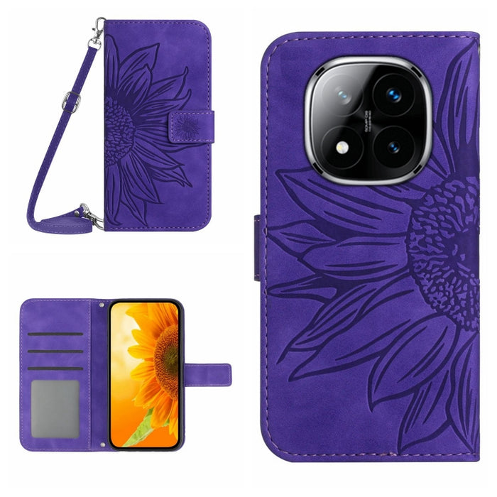 Funda de cuero con tapa para teléfono con diseño de girasol en relieve y cordón, For Redmi Note 14 4G 163.25mm, For Redmi Note 14 5G, For Redmi Note 14 Pro+ 5G, For Redmi 14C 4G